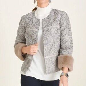 NWT Chico's Faux-Fur Removable Cuff Grey Jacquard Print Evening Jacket Small/4